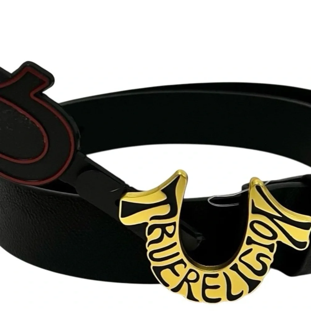 True Religion Black Leather Statement Buckle Belt Sz 40 NWT Y2K Streetwear